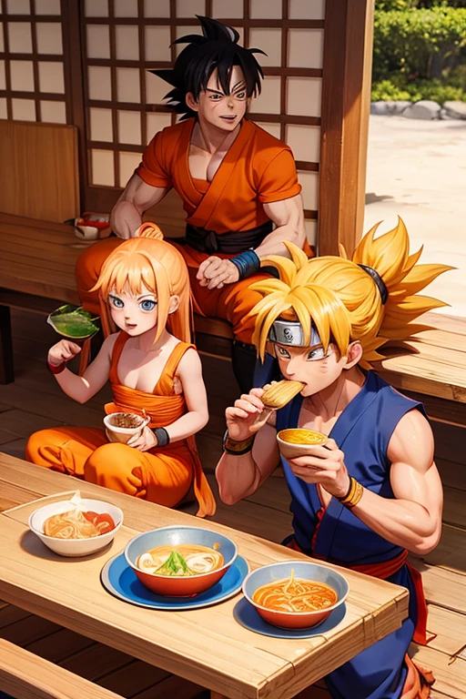 naruto kurama mode, goku ultra instinct blue, luffy nika with yellow straw hat eating ramen together and the 3 of them happy