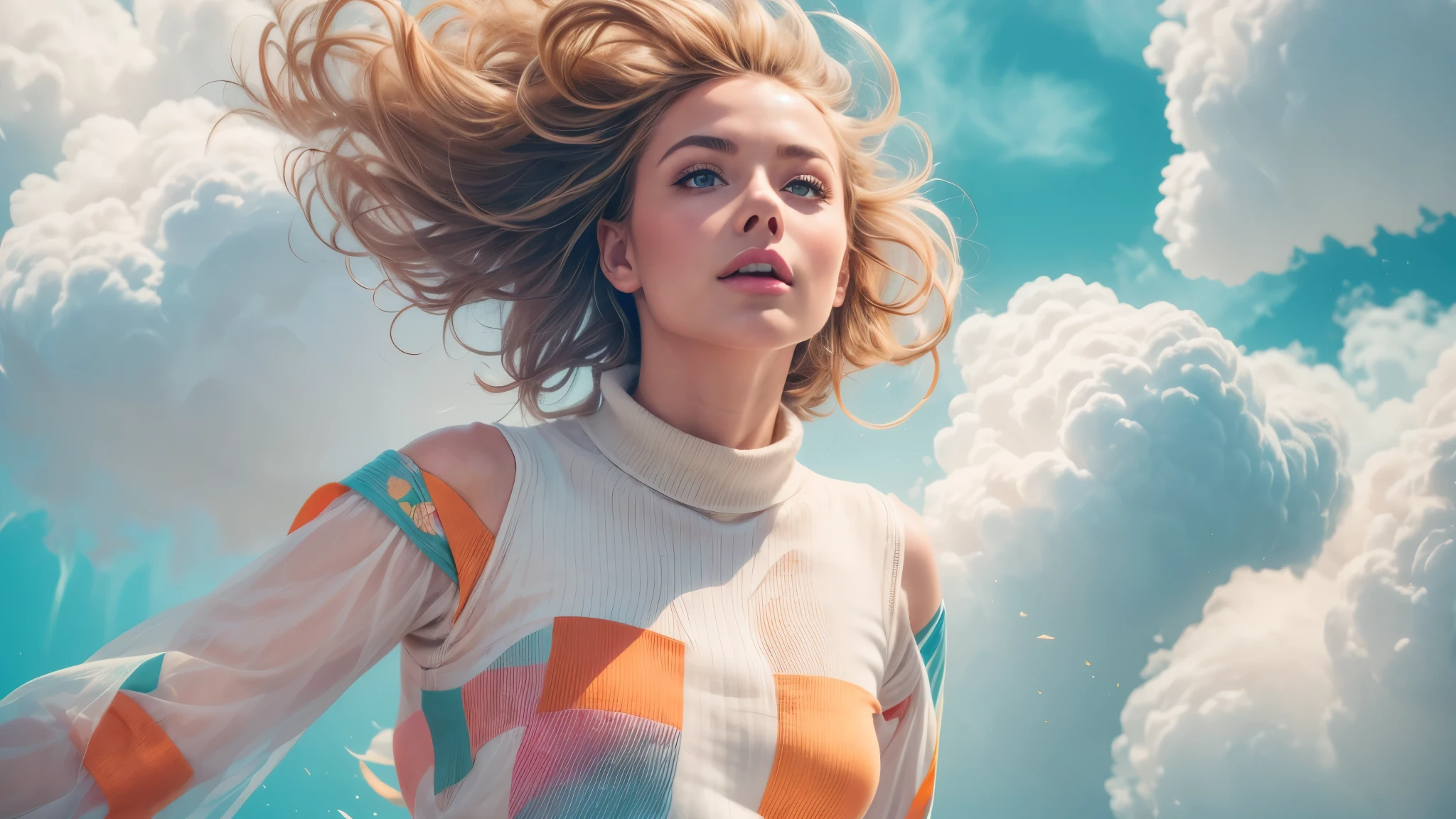 masterpiece, best quality, movie still, 1girl, floating in the sky, cloud girl, cloud, (close-up:1.1), bright, happy, fun, soft lighting, (Bauhaus, shapes, lines, abstract:1.1)
