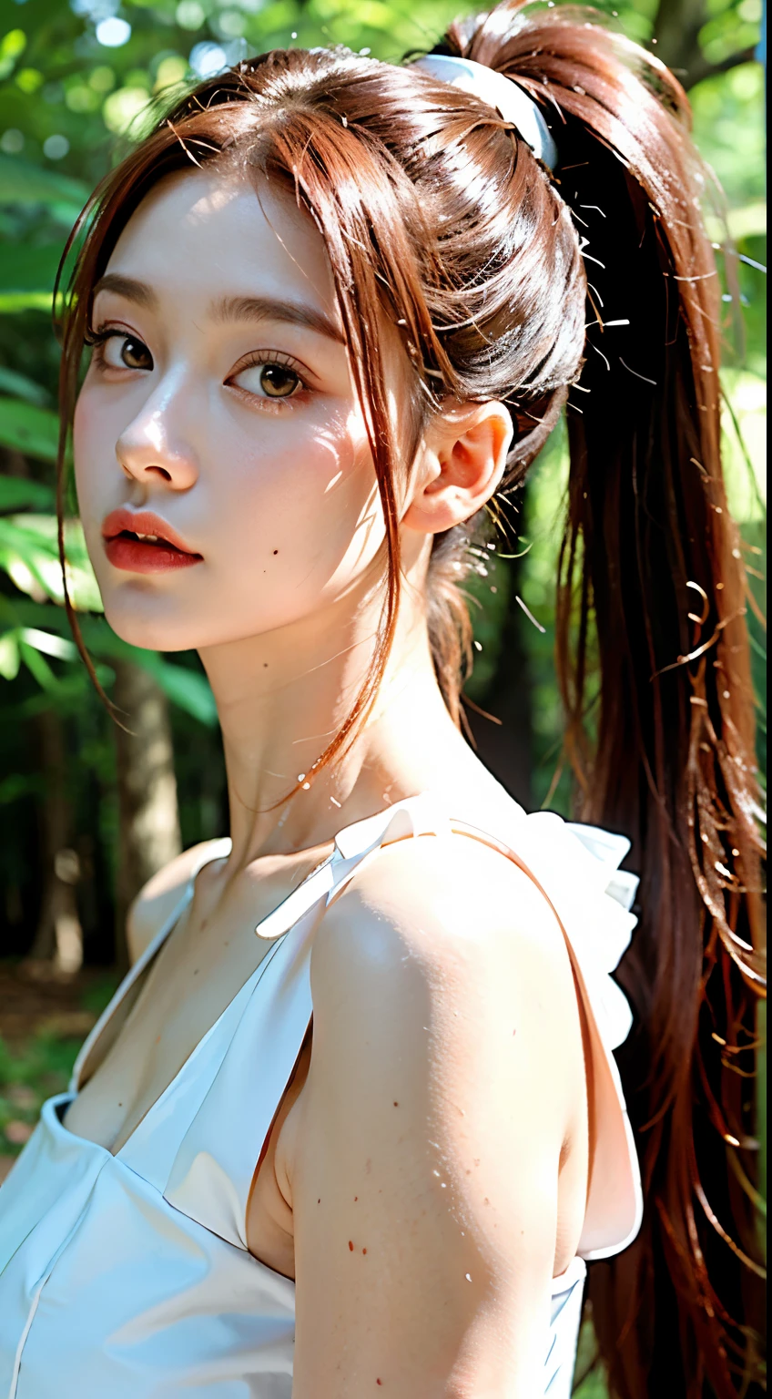 (Highest quality)，(masterpiece)，(Ultra-high-definition picture quality)，
one，
Exquisite facial features，Pretty Face，(Red long hair)，((Ponytail))，(big eyes)，
(White Dress)，
[In the forest]，
Wide-angle lens，Golden Ratio，
Natural Lighting，
Warm picture，