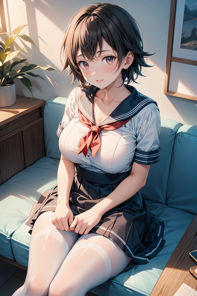 (highest quality), (whitestar, UHD), Super detailed), (Ultra High Resolution 8K), High-definition facial beauty, ((Skirt Lift)), A plain girl with glasses, (Big Breasts), (Looking up;1.3), Detailed sailor suit, Showing panties, pantyhose, (Blushing, Embarrassing), Very hot day, Shade, ((Sit down)), Panties that are damp, Makoto Shinkai Cyril Rolando