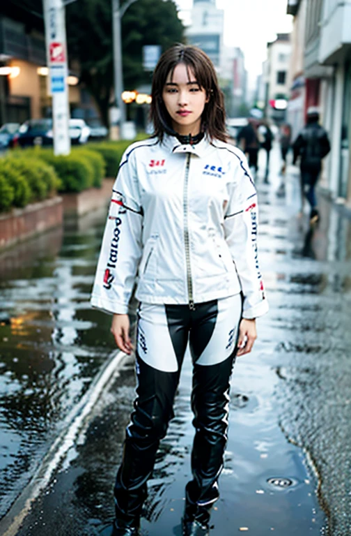 ((highest quality, 8k, masterpiece: 1.3)), sharp: 1.2, Perfect body beauty: 1.4, Slim Abs: 1.2, (((Layered Hairstyles, big)), Racing Suits, (rain, street: 1.2), Wet: 1.5, Highly detailed face and skin texture, Fine grain, double eyelid, looking at the camera、Full Body、circuit、