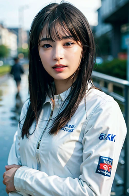 ((highest quality, 8k, masterpiece: 1.3)), sharp: 1.2, Perfect body beauty: 1.4, Slim Abs: 1.2, (((Layered Hairstyles, big)), Racing Suits, (rain, street: 1.2), Wet: 1.5, Highly detailed face and skin texture, Fine grain, double eyelid, looking at the camera、Full Body、circuit、