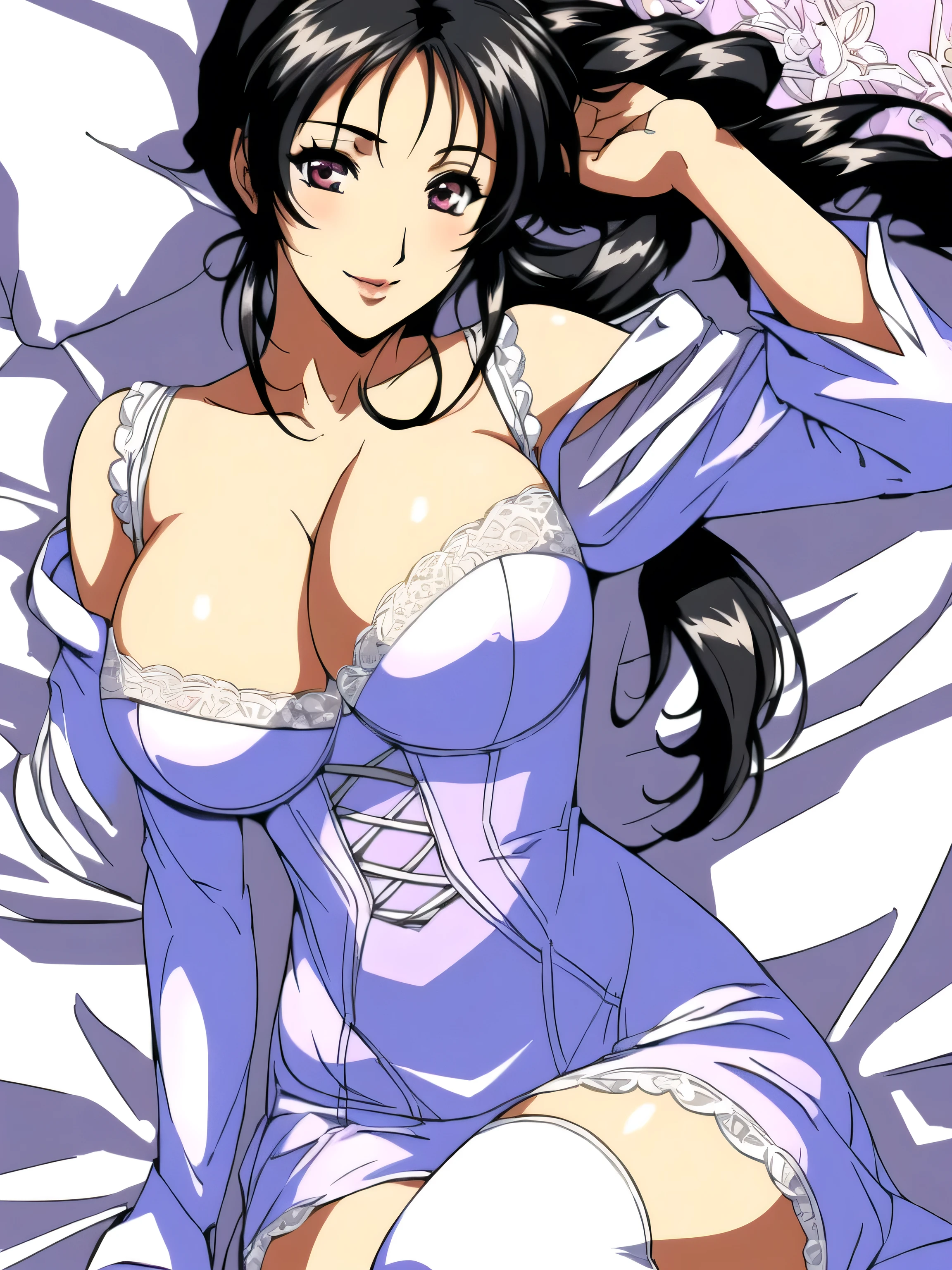 (Masterpiece, Top Quality, Highly Detailed, 16K Anime High Resolution, Anime Style, Clean Brush Strokes, Highly Detailed, Anatomically Perfect Body, Beautiful Character Design), 1 Girl, 20 Years Old Young Woman , (perfect face, very detailed), (black hair, long hair, ribbon, ponytail), beautifully detailed eyes, purple eyes, beautiful nose, red lips, smile, tabletop, (big breasts: 1.4) , (lace bra, super detailed, white beautiful design), (beautiful fingers), smooth body line, wide waist: 0.1, (lace high leg panties, super detailed, white beautiful design), (beautiful fingers) ), beautiful long legs, view people, (lying down, on back, legs spread), (urban background), (frontal photo),