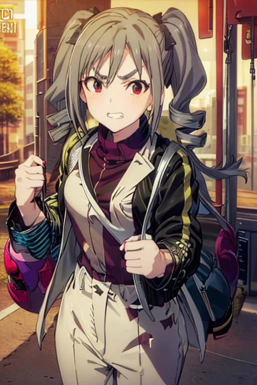 (((pixel-perfect, detail-perfect))), solo, 1girl, ranko kanzaki, background corrupted forest, jacket yellow, shirt white, brown hijab, pants black, sad eyebrows, angry mouth, grin, (bag on the jacket:1.9)