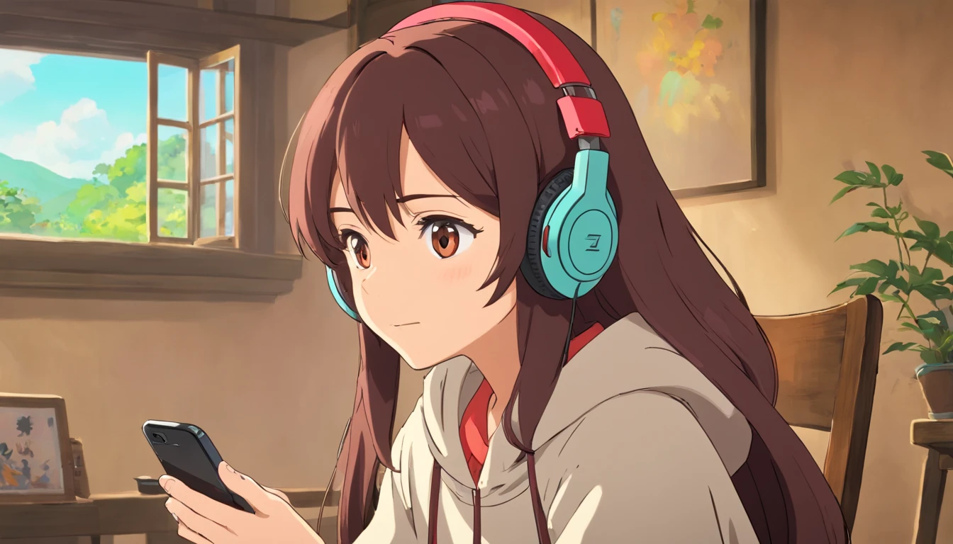 Wearing headphones An art style to be admired A delicate and beautiful style reminiscent of Ghibli anime Vibrant and attractive colors Screenshot-like imagery reminiscent of anime films A work of art to be admired Dark hair and brown eyes Holding a smartphone Wearing a hoodie Sitting in a chair by a window Profile view