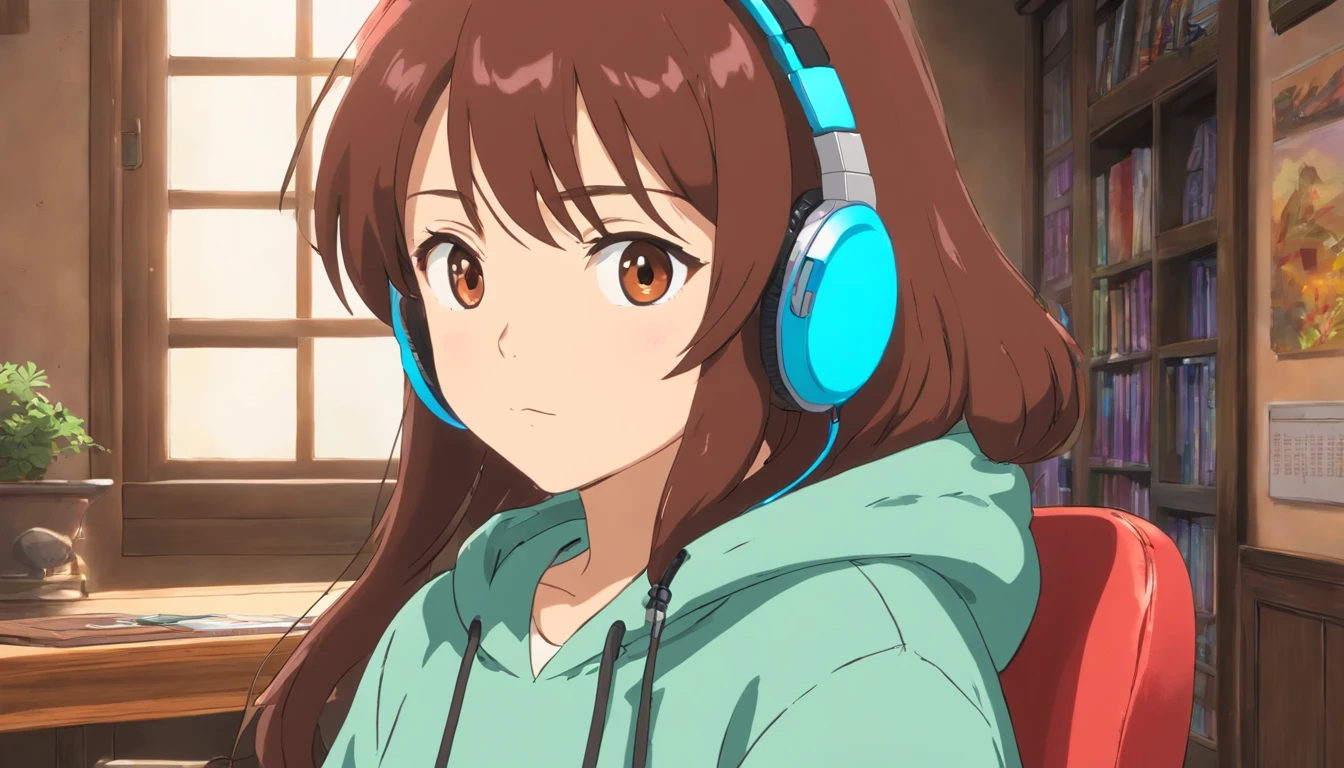 Wearing headphones An art style to be admired A delicate and beautiful style reminiscent of Ghibli anime Vibrant and attractive colors Screenshot-like imagery reminiscent of anime films A work of art to be admired Dark hair and brown eyes Holding a smartphone Wearing a hoodie Sitting in a chair by a window Profile view