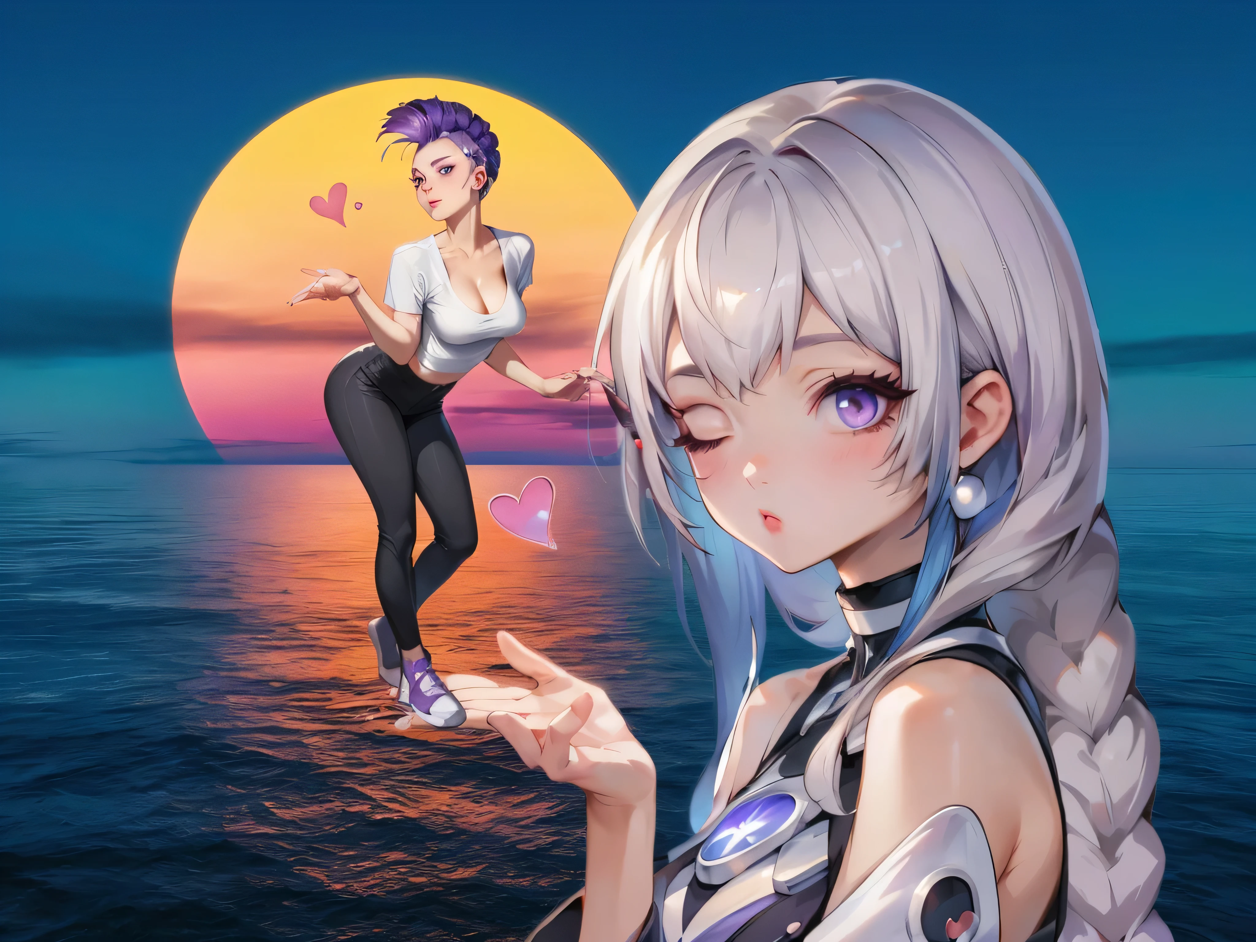 anime girl with long braided hair and purple eyes, cyborg - girl with silver|purple gradient hair, cute cyborg girl, perfect android girl, beautiful cyborg angel girl, kda and sam yang, ilya kuvshinov and artgerm, anime style 4 k, perfect anime cyborg woman, anime inspired, beautiful girl cyborg, cyborg girl, holding her lover on fingertips, cute punk girl with purple mohawk, blowing kisses