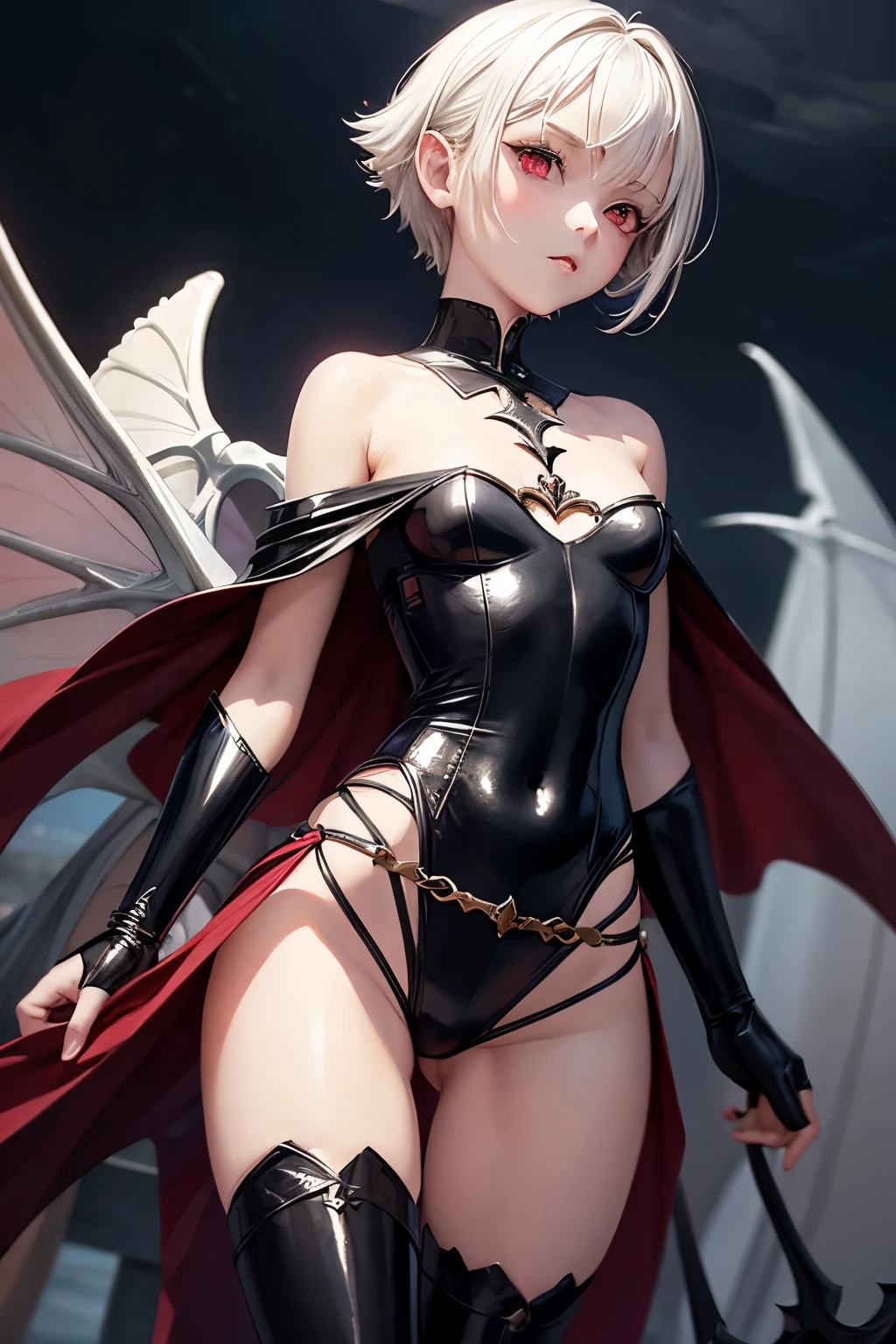 highest quality,CG,Fairy,Anime Art,beautiful girl,Flat Chest,Alluring,White Short Hair,Red eyes,slender,whole body,Super tight off-shoulder,Cape,Boneyard,Demon King,vampire,Black long boots, (Lewd Armor), (High leg),Black shorts,