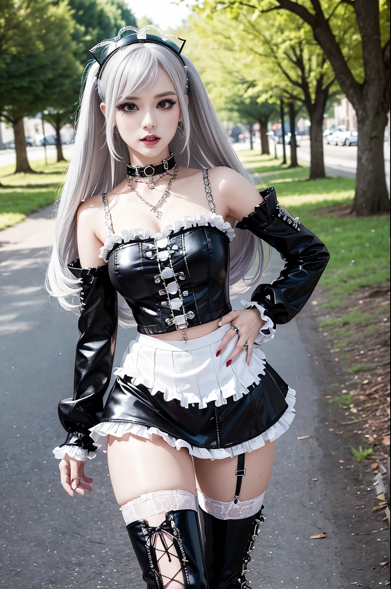 sexy stylish female model, only 1 female, ((doll-like appearance)), long colorful stylish hair, ((shiny Punk-Style boots)), (big smile), ultra detailed eyes, Punk makeup, lipgloss, ((sexy Punk ta cosplay)), unconventional skirt, petticoats, high neckline, ((ultra detailed lace)), ((ultra detailed embroidery)), intricate details, tartan patterns, (silver chains), (silver spikes), (safety pins), Punk Loliccessoires, Punk Lolita cr, ((large sparkling Punk Lolita jewel, cinematic light, detailed large park background with trees 