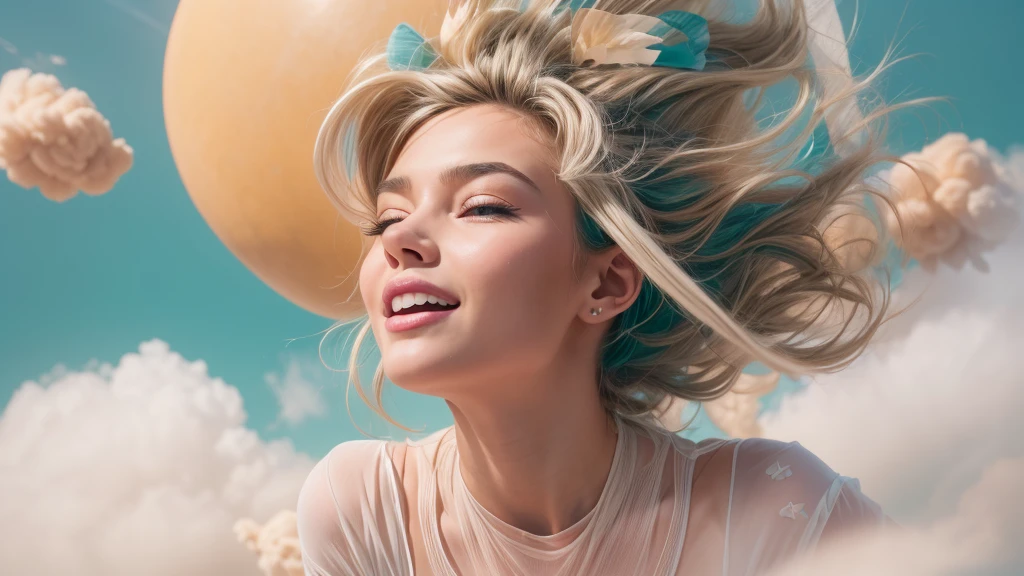masterpiece, best quality, movie still, 1girl, floating in the sky, cloud girl, cloud, (close-up:1.1), bright, happy, fun, soft lighting, (Bauhaus, shapes, lines, abstract:1.1)