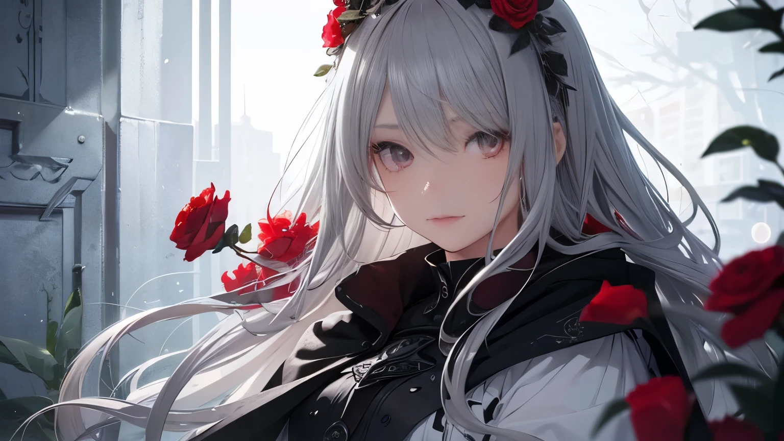 One girl,alone,One girl,alone,((Beautiful fine details)), (Detailed light),Depth of written boundary,(Gray Hair),Silver Eyes,Hair on one eye,(Red flower ), Hair Flowers,Long Hair,Black Cape,Wet,emotionless,Recall,night,Starfall,it's raining,fog,Red flowers falling,sketch,Upper Body,Strong Shadows,