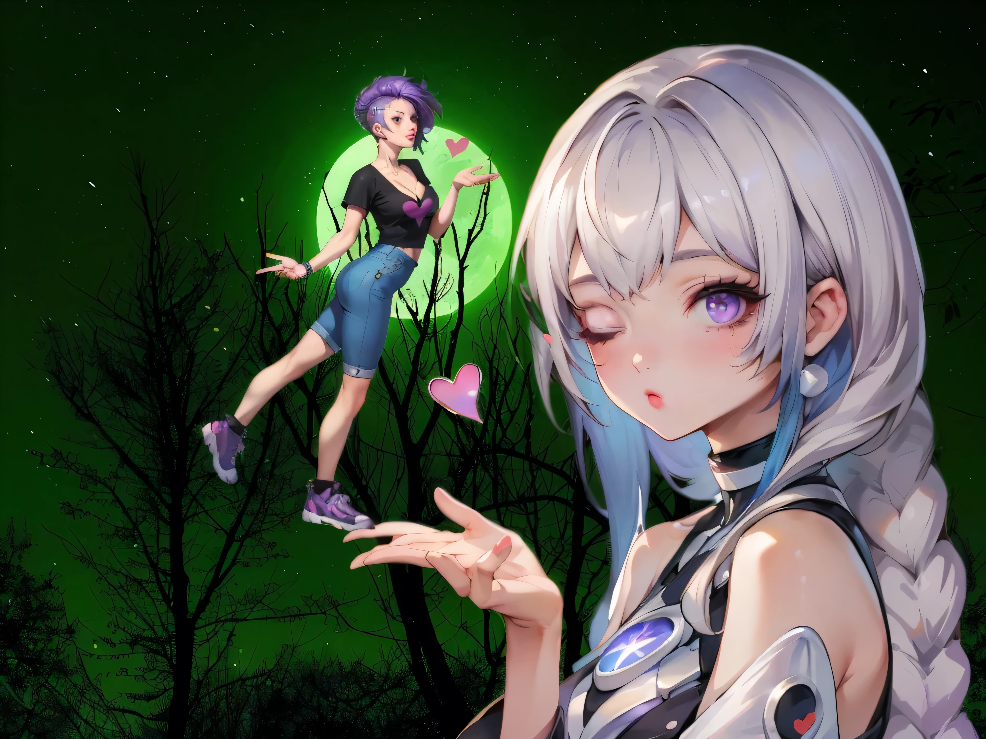 anime girl with long braided hair and purple eyes, cyborg - girl with silver|purple gradient hair, cute cyborg girl, perfect android girl, beautiful cyborg angel girl, kda and sam yang, ilya kuvshinov and artgerm, anime style 4 k, perfect anime cyborg woman, anime inspired, beautiful girl cyborg, cyborg girl, holding her lover on fingertips, cute punk girl with purple mohawk, blowing kisses