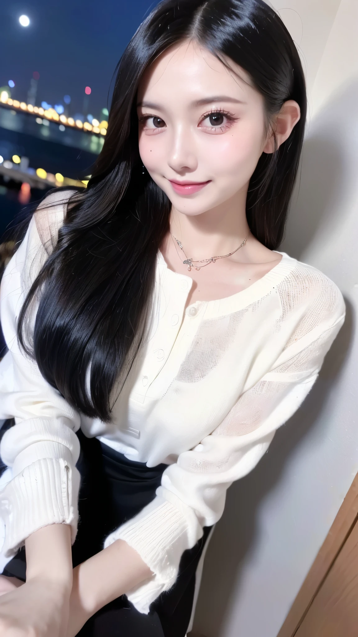 ((((masterpiece, highest quality, High resolution)))), Extremely detailed 8K, Beautiful girl with a voluptuous body, (Ultra HD, Super detailed, Very detailed, Very realistic, Ultra-realistic, Photo Real),Detailed Background,
(cute:1.5),(smile),(Shiny skin:1.3),
Upturned eyes, Small face,Sharp features,Big eyes,(compensate:1.3、jirai girl:1.5, Cute Japanese women),
(Fantastic Cyber City、Midnight,Moonlight,In the background is a beautiful, clear night sky.:1.3),
break
(Are standing:1.3),(Black Hair),Layered Hairstyles,(Long Hair:1.3),Big Breasts,(Slender figure:1.5),
(Head to knees diagram:1.3),Front face,