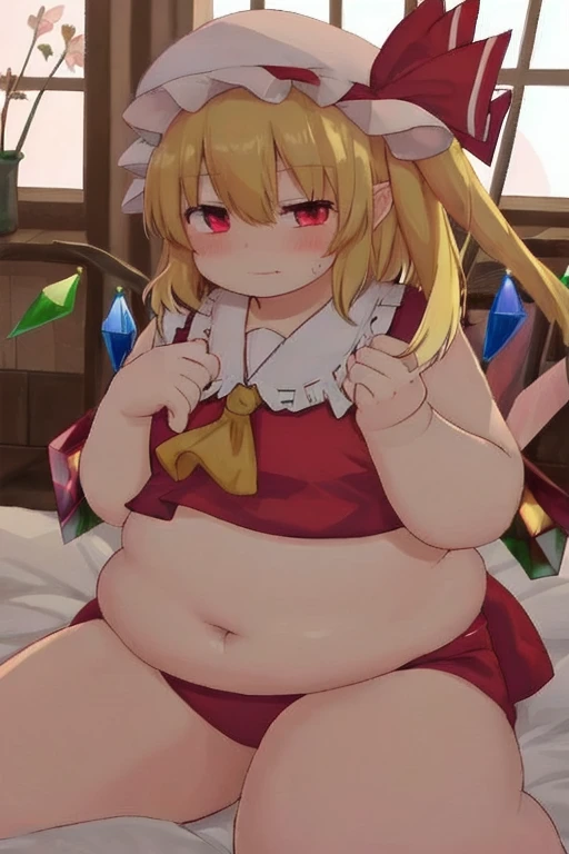 flandre_scarlet_touhou、alone,indoor、Sit on the bed、shortness of breath、Chubby 、１One navel、Five Fingers、、blush