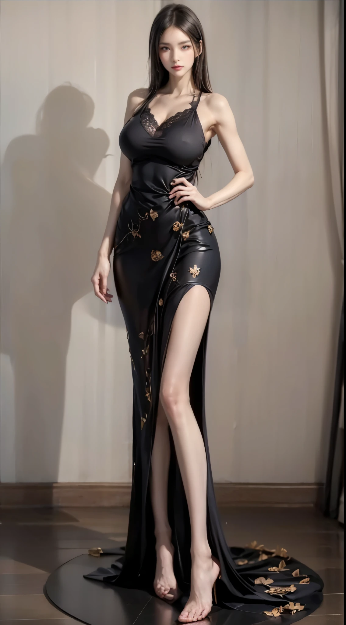 realistic, 1gril, per HD, 12k, wearing Allstars shoes, slim body, rather big body, six pack body, big round breasts, no clothes, beautiful breasts, looking at the camera, sitting on the sofa, long black hair, facial details, detailed person, body details, clothing details, hair details, body details, body details, breast details, vagina details, clothes, eye details, sweat details, water details, pose (knees bent and legs wide apart) whole body
