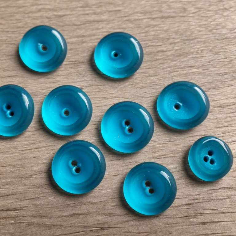 A translucent epoxy resin button with a smooth, polished surface and four evenly spaced round eyelets near the center. The button is a vibrant shade of blue and has a subtle swirl pattern.