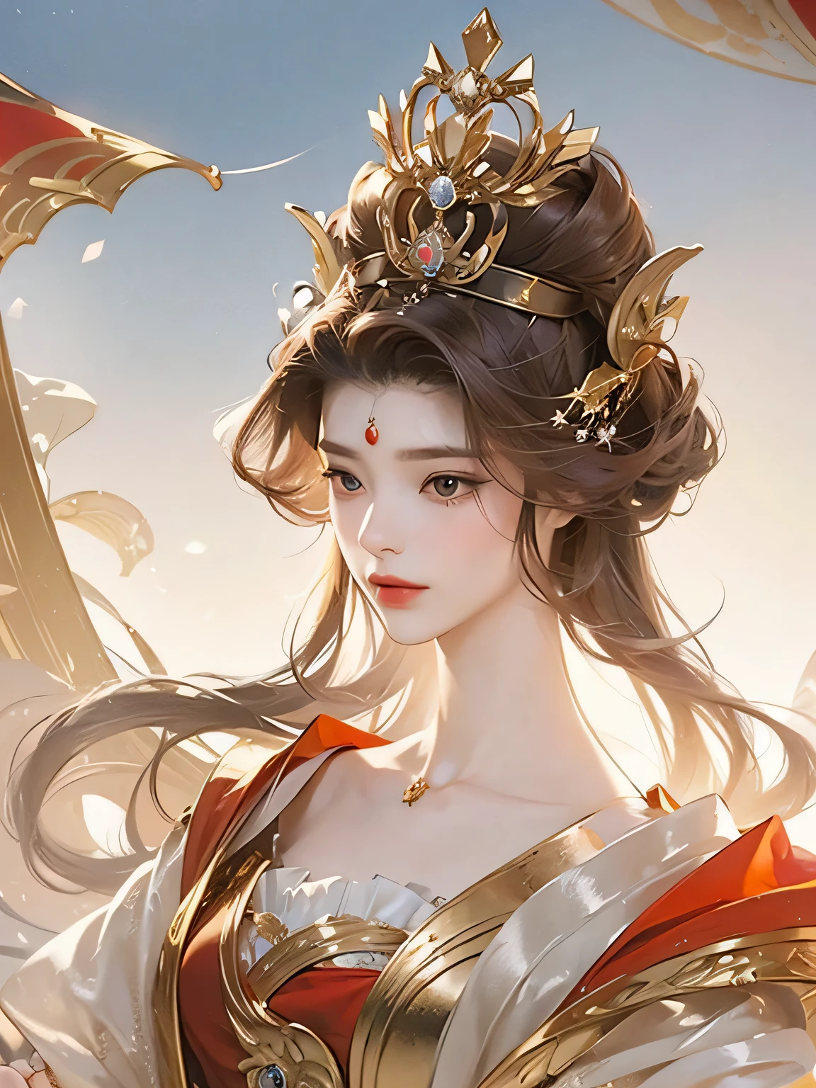 A half-length photo,Empress,crown,Hairstyle,Gold, red and white color,Beautiful and delicate face