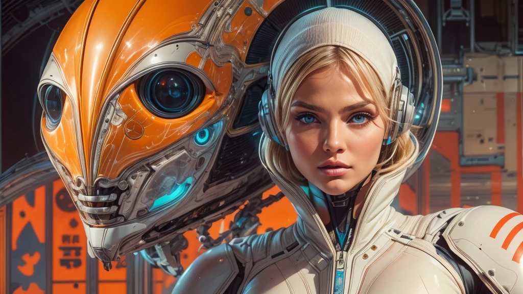 arafed image of a white woman in a futuristic suit with a spaceship in the background, movie art, in front of an orange background, inspired by Robert McGinnis, female protagonist, megastructure in the background, portrait of an ai astronaut, astronauts, an astronaut, portrait of a astronaut skeletor, perfect android girl, detailed eyes, perfectly detailed teeth, frank franzzeta and sakimichan  