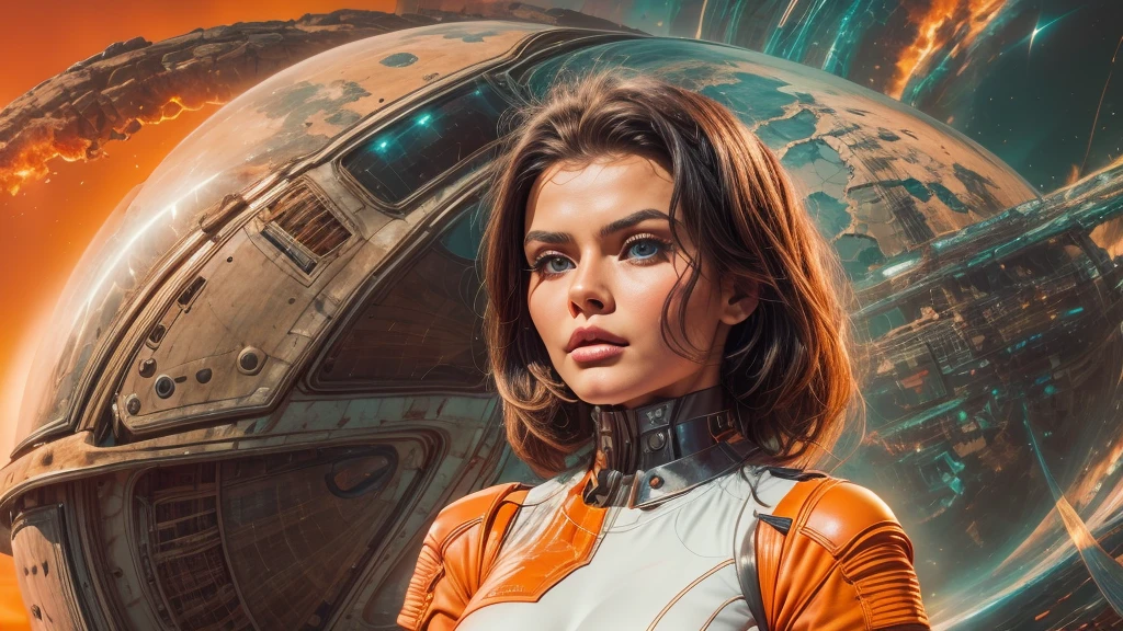 arafed image of a white woman in a futuristic suit with a spaceship in the background, movie art, in front of an orange background, inspired by Robert McGinnis, female protagonist, megastructure in the background, portrait of an ai astronaut, astronauts, an astronaut, portrait of a astronaut skeletor, perfect android girl, detailed eyes, perfectly detailed teeth, frank franzzeta and sakimichan  