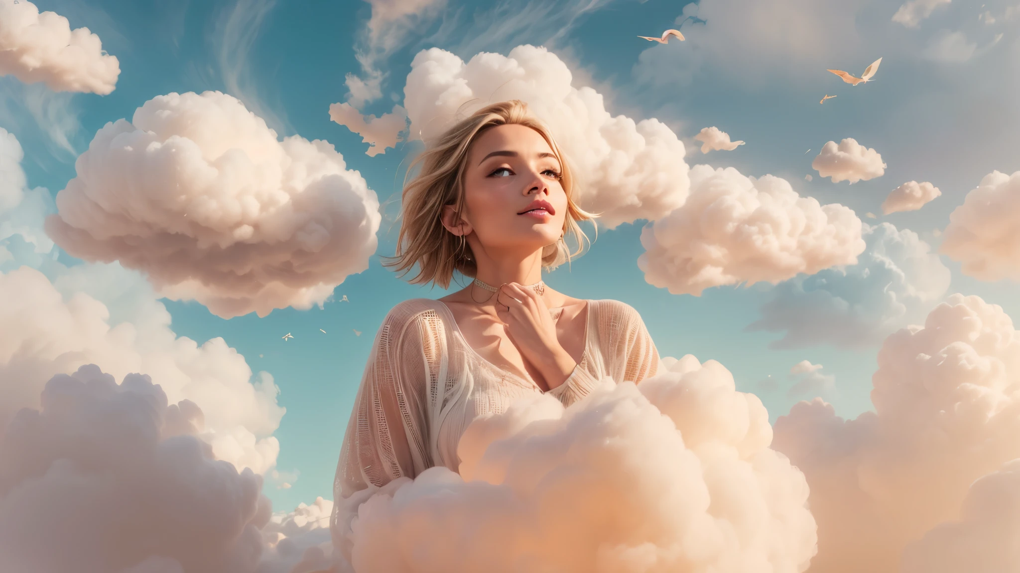 masterpiece, best quality, movie still, 1girl, floating in the sky, cloud girl, cloud, (close-up:1.1), bright, happy, fun, soft lighting, (Bauhaus, shapes, lines, abstract:1.1)