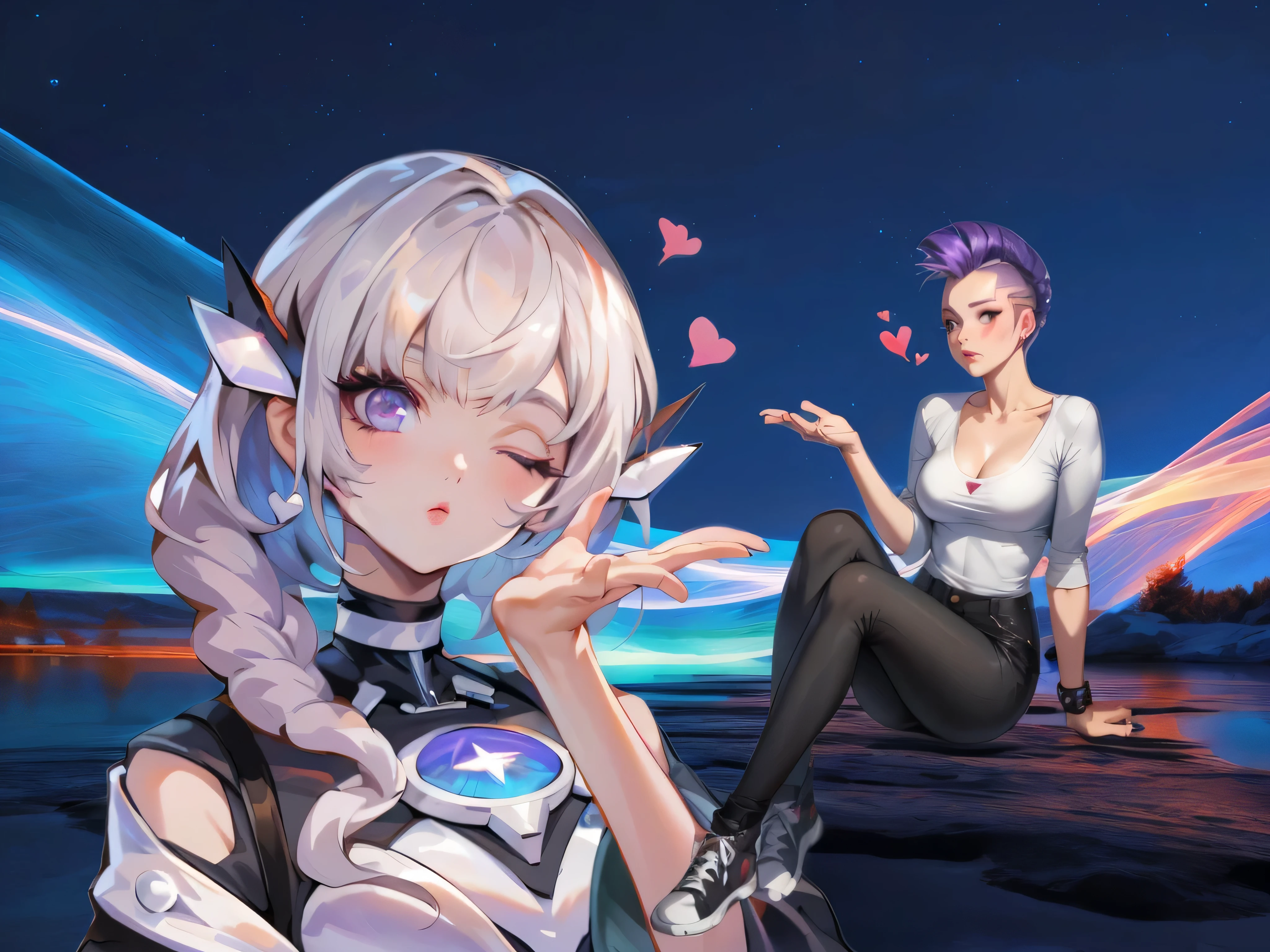 anime girl with long braided hair and purple eyes, cyborg - girl with silver|purple gradient hair, cute cyborg girl, perfect android girl, beautiful cyborg angel girl, kda and sam yang, ilya kuvshinov and artgerm, anime style 4 k, perfect anime cyborg woman, anime inspired, beautiful girl cyborg, cyborg girl, cute punk girl with purple mohawk, blowing kisses