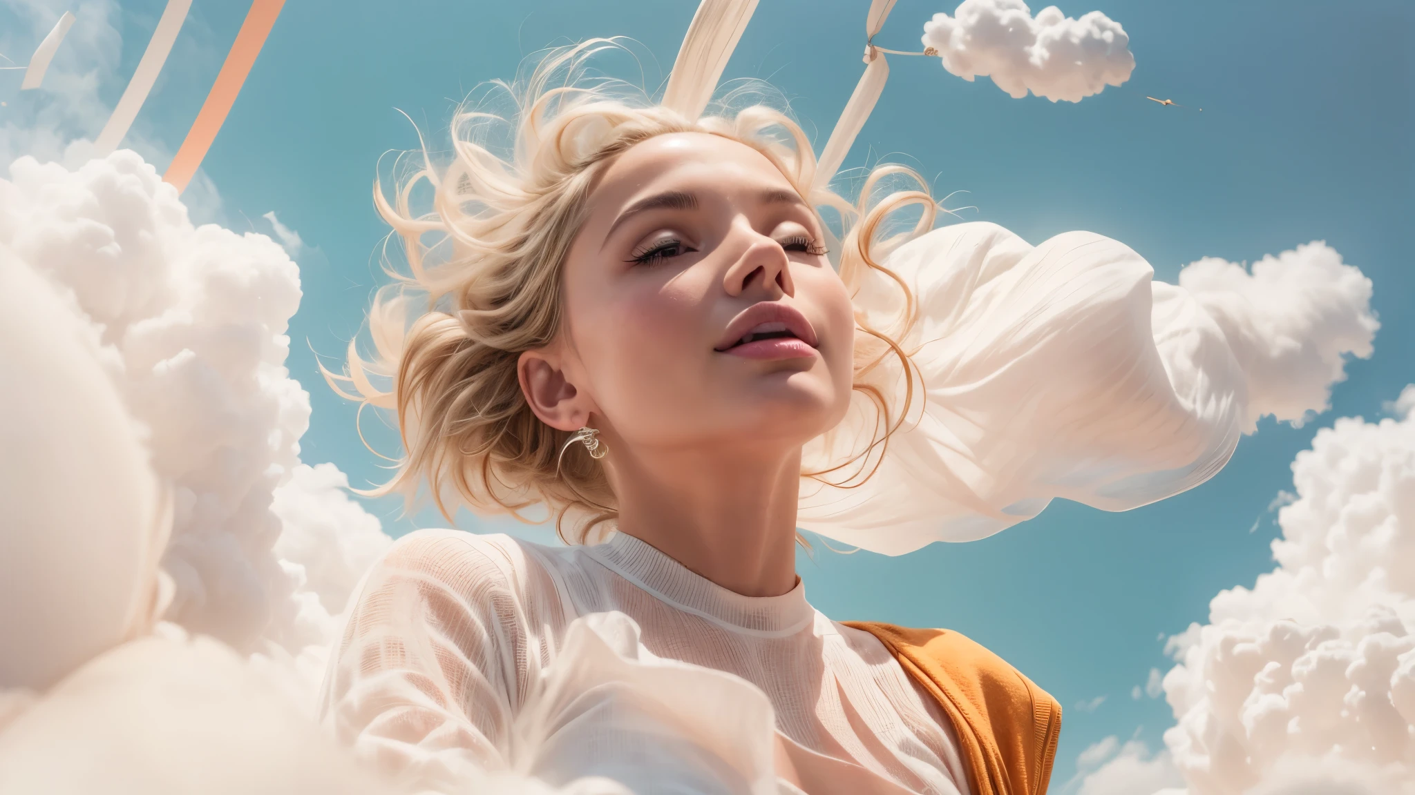 masterpiece, best quality, movie still, 1girl, floating in the sky, cloud girl, cloud, (close-up:1.1), bright, happy, fun, soft lighting, (Bauhaus, shapes, lines, abstract:1.1)