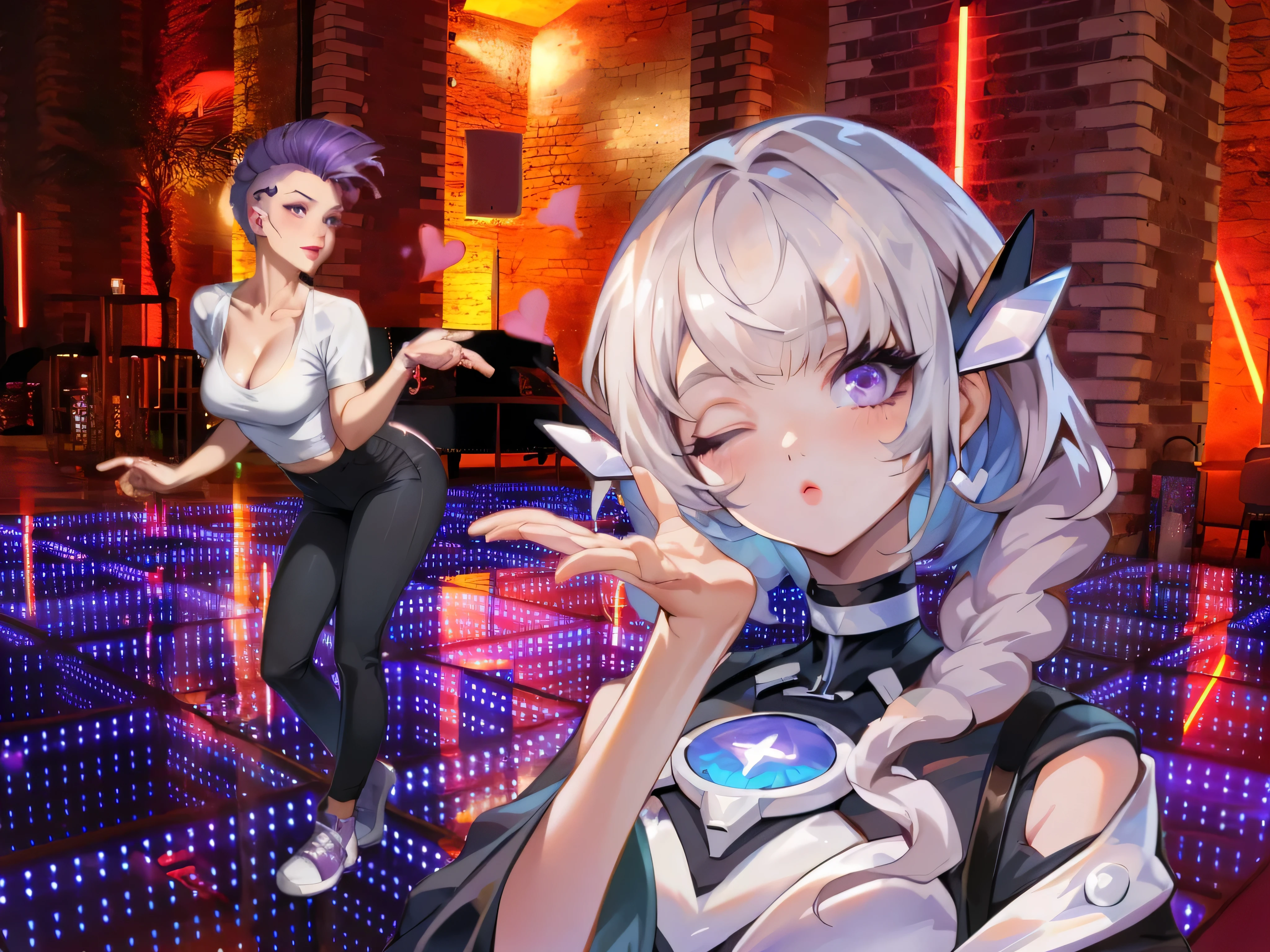 anime girl with long braided hair and purple eyes, cyborg - girl with silver|purple gradient hair, cute cyborg girl, perfect android girl, beautiful cyborg angel girl, kda and sam yang, ilya kuvshinov and artgerm, anime style 4 k, perfect anime cyborg woman, anime inspired, beautiful girl cyborg, cyborg girl, cute punk girl with purple mohawk, blowing kisses, nightclub dancefloor
