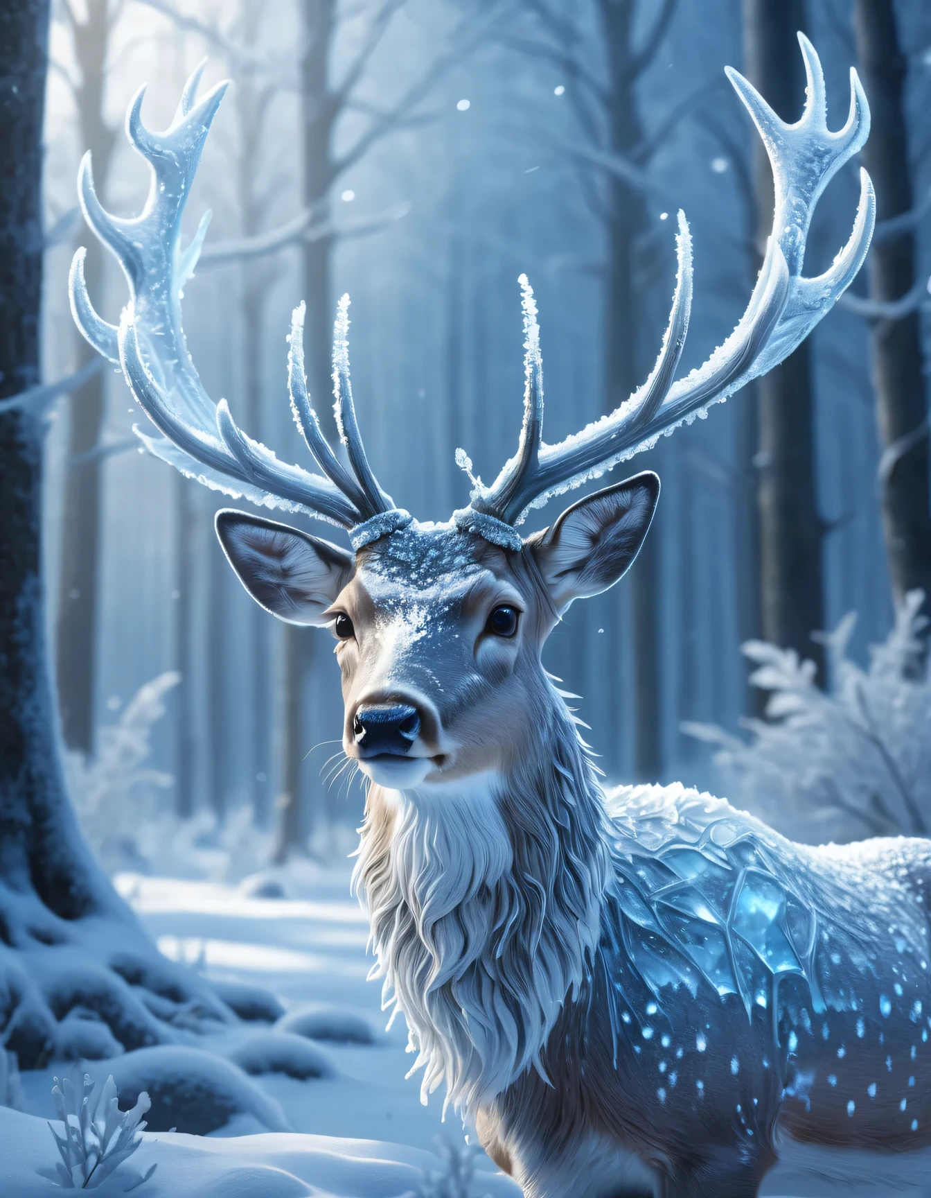 a deer with antlers made of ice and snow, detailed icy antlers, detailed snowy fur, deer in snowy forest, winter wonderland, fantasy nature scene, glowing ice crystals, ethereal lighting, serene and magical atmosphere, blue and white color tones, (best quality,4k,8k,highres,masterpiece:1.2),ultra-detailed,(realistic,photorealistic,photo-realistic:1.37)