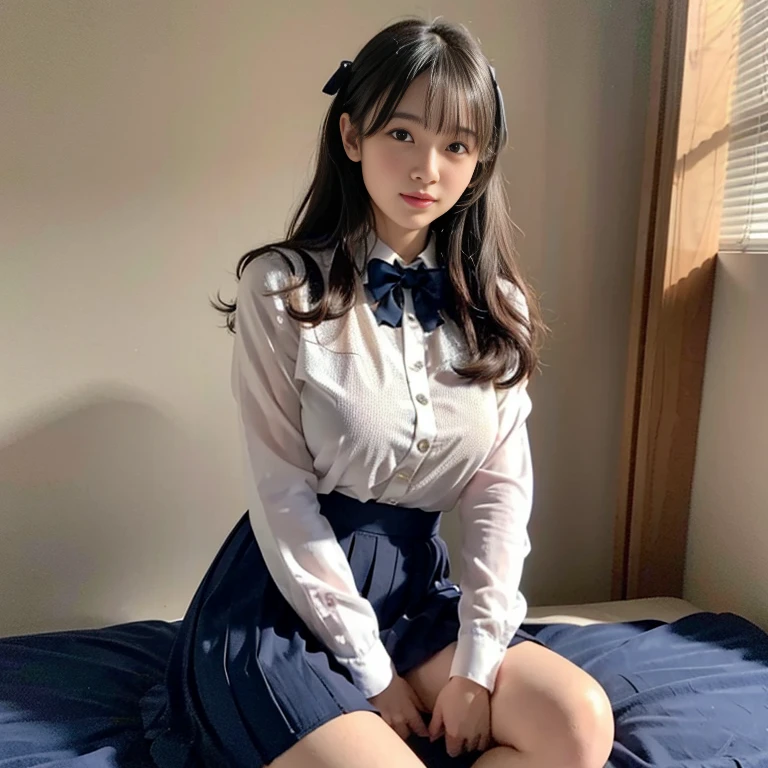 8K quality,(Photoreal: 1.4), (Hyperrealistic: 1.4), (Realistic: 1.3), (Smooth lighting: 1.05), (Improved Cinematic Lighting: 0.9), 32K, (In a dimly lit room)(The entire character is in the middle of the screen),light grin,(1 Japanese woman), Age 18 years old,Realistic lighting, Backlight, Face Lights, Ray traching, (Bright light: 1.2), (Quality improvement: 1.4), ( Top quality realistic texture skin: 1.4), Fine Detailed Eyes, Detailed face, Fine quality eye, Dark brown eyes, Feeling a little shy,Feel optimistic and sunny(Medium to large round chest),(Tired, Sleepy and Satisfied: 0.0), Pale light, White translucent blouse, Bow tie, Navy blue skirt, Silk white ankle socks,(did not wear panties),The edges roll up and wear out, Sit quietly on the bed, large round breasts