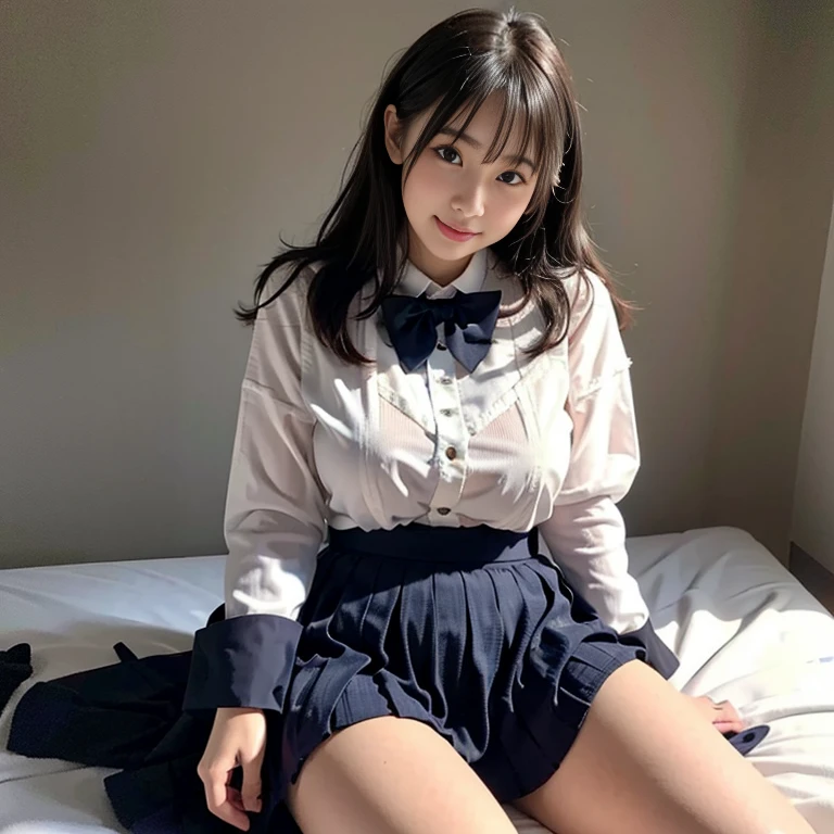 8K quality,(Photoreal: 1.4), (Hyperrealistic: 1.4), (Realistic: 1.3), (Smooth lighting: 1.05), (Improved Cinematic Lighting: 0.9), 32K, (In a dimly lit room)(The entire character is in the middle of the screen),light grin,(1 Japanese woman), Age 18 years old,Realistic lighting, Backlight, Face Lights, Ray traching, (Bright light: 1.2), (Quality improvement: 1.4), ( Top quality realistic texture skin: 1.4), Fine Detailed Eyes, Detailed face, Fine quality eye, Dark brown eyes, Feeling a little shy,Feel optimistic and sunny(Medium to large round chest),(Tired, Sleepy and Satisfied: 0.0), Pale light, White translucent blouse, Bow tie, Navy blue skirt, Silk white ankle socks,(did not wear panties),The edges roll up and wear out, Sit quietly on the bed, large round breasts