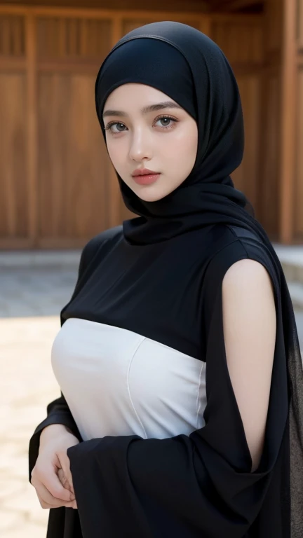 (Masterpiece, top quality, best quality, official art, beautiful and aesthetic: 1.2)
(1girl)
(Hyuga Hinata from Naruto anime, long black hair, radiant white eyes, captivating with Byakugan eyes)
(Beautiful, ethnic allure in Black clothes)
(Majestically posing against a mosque background, wearing a hijab that covers her head and neck)
(Ultra detail, realistic representation of fabric texture, wrinkles, and intricate hijab design)
(Her mesmerizing eyes reflecting tranquility and strength, gaze fixed on the viewer)
Proportional body, perfect body figure, alluring, glamorous, sexy
