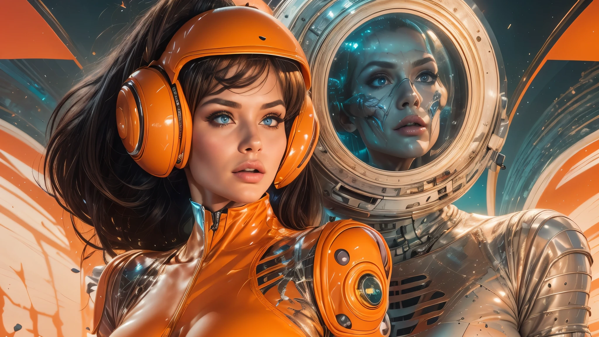 arafed image of a white woman in a futuristic suit with a spaceship in the background, movie art, in front of an orange background, inspired by Robert McGinnis, female protagonist, megastructure in the background, portrait of an ai astronaut, astronauts, an astronaut, portrait of a astronaut skeletor, perfect android girl, detailed eyes, perfectly detailed teeth, frank franzzeta and sakimichan  