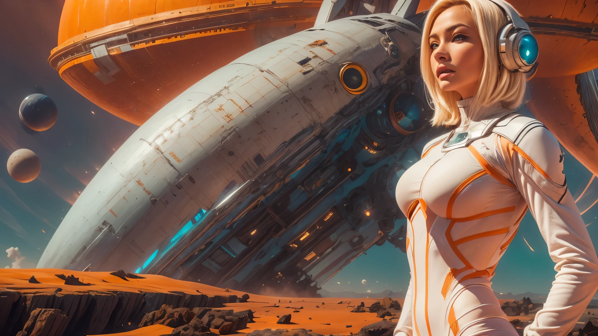 arafed image of a white woman in a futuristic suit with a spaceship in the background, movie art, in front of an orange background, inspired by Robert McGinnis, female protagonist, megastructure in the background, portrait of an ai astronaut, astronauts, an astronaut, portrait of a astronaut skeletor, perfect android girl, detailed eyes, perfectly detailed teeth, frank franzzeta and sakimichan  