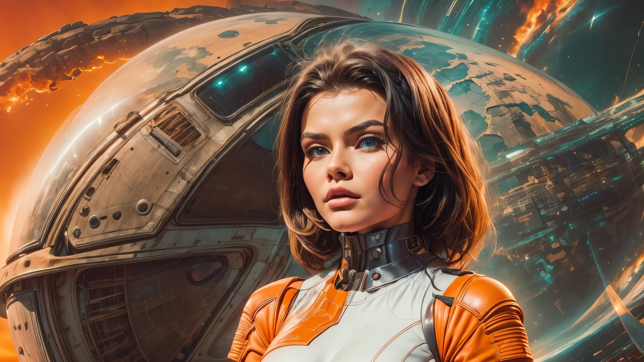 arafed image of a white woman in a futuristic suit with a spaceship in the background, movie art, in front of an orange background, inspired by Robert McGinnis, female protagonist, megastructure in the background, portrait of an ai astronaut, astronauts, an astronaut, portrait of a astronaut skeletor, perfect android girl, detailed eyes, perfectly detailed teeth, frank franzzeta and sakimichan
