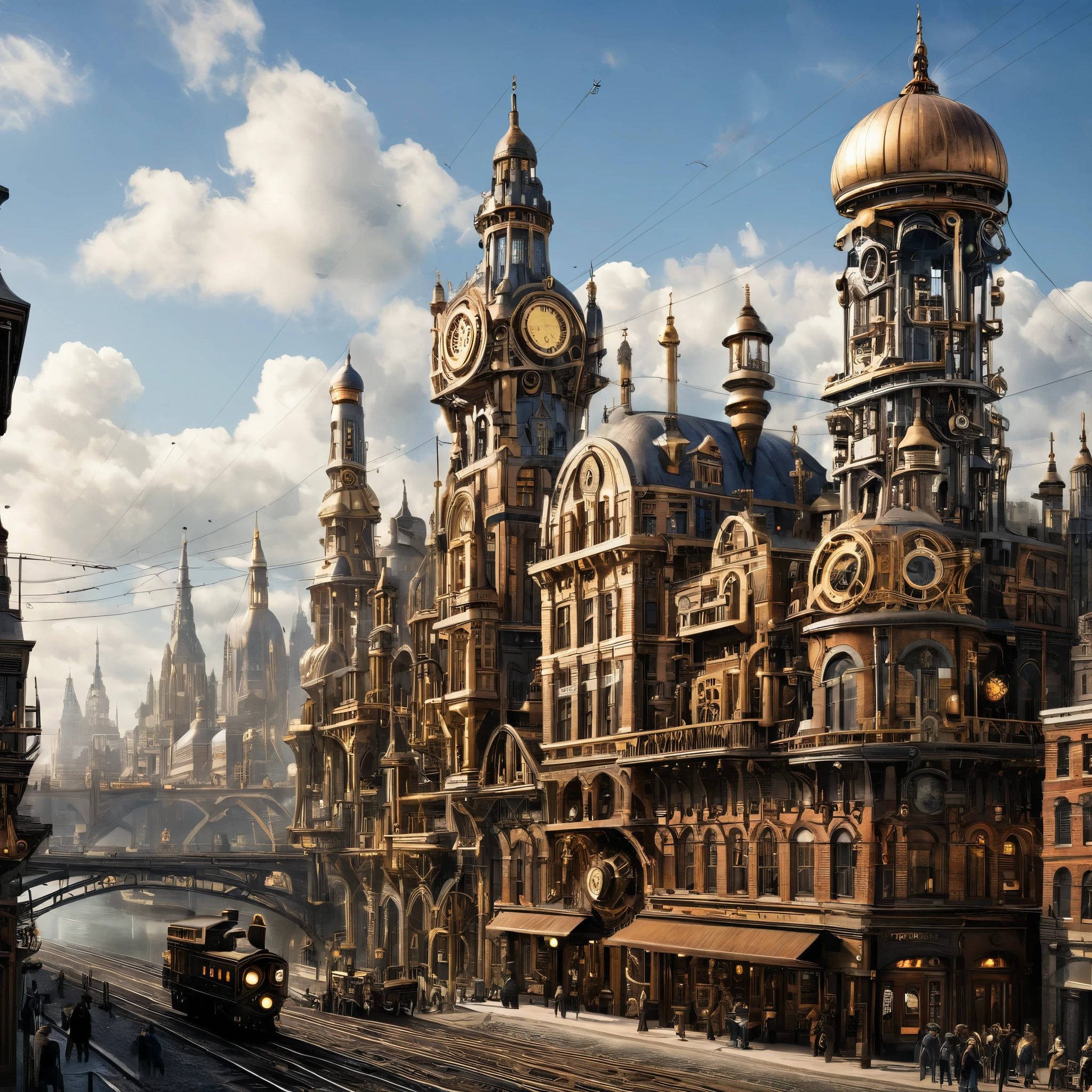 A cityscape with steampunk-style buildings and technology, combining Victorian-era aesthetics with advanced machinery, photorealistic, digitally enhanced.