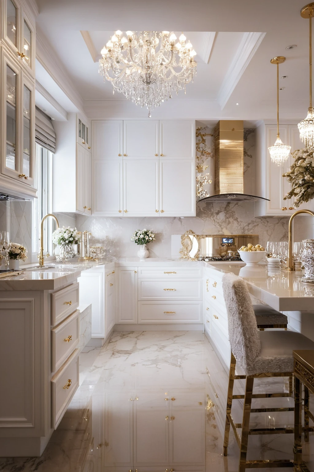 Masterpiece, Best quality,8K, Ultra-high resolution,When you step into the Kitchen and dinning room,Immediately surrounded by a rich atmosphere of luxury。Ornate crystal chandeliers hang high on the wall,Shine brightly。Kitchen island  was covered with a soft white fluffy blanket,It is so comfortable,So much so that you can't help but indulge in it。Embellished with precious porcelain and white-off gold ornaments。Whenever it is late afternoon,The afterglow from the window spilled on the floor,Soft light and shadow are reflected,It was as if entering a dreamland。