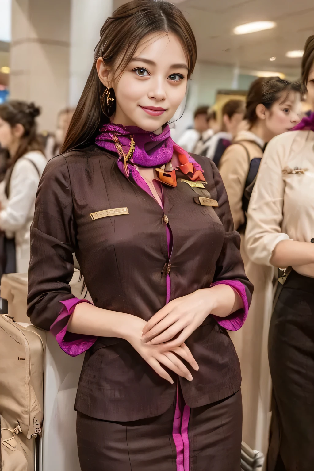 (masterpiece:1.2、highest quality:1.2)、32K HDR、High resolution、(alone、1 girl、Slim figure)、(A realistic reproduction of the ETIHAD Airways Cabincrew Uniform)、 (At the airport counter, Professional Lighting)、Airport counter wall background、A proper woman, Beautiful Face,、(Long sleeve ETIHAD Airways Cabincrew Uniform)、(ETIHAD Airways Cabincrew Uniform skirt with purple stripe on the front)、(scarf on chest)、Big Breasts、(Long Hair Up、Hair Bun)、Dark brown hair、Long Shot、((Great hands:2.0))、((Harmonious body proportions:1.5))、((Normal limbs:2.0))、((Normal finger:2.0))、((Delicate eyes:2.0))、((Normal eyes:2.0)))、Beautiful standing posture、smile、Place your hands around your stomach