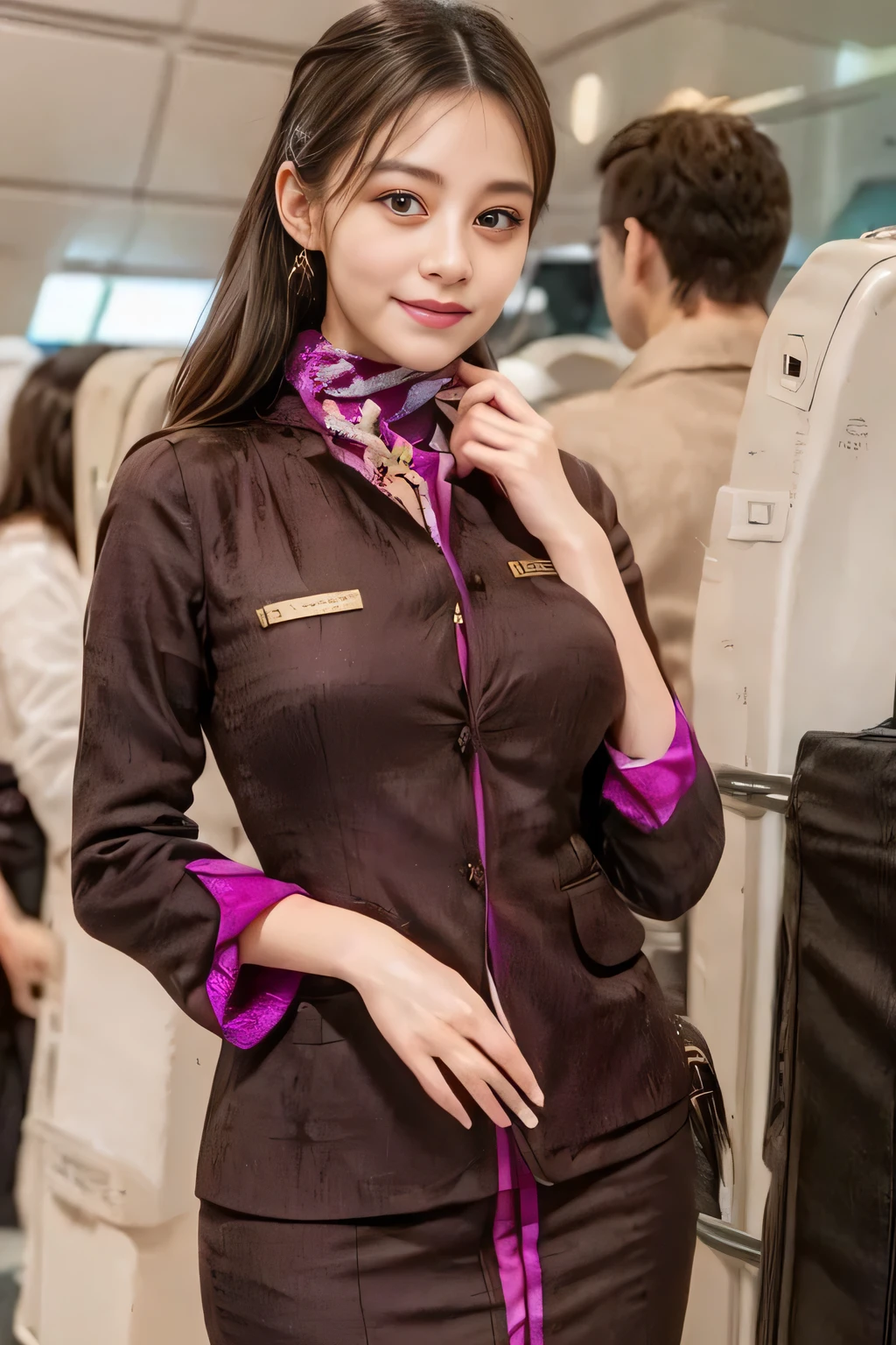 (masterpiece:1.2、highest quality:1.2)、32K HDR、High resolution、(alone、1 girl、Slim figure)、（A realistic reproduction of the ETIHAD Airways Cabincrew Uniform）、 (At the airport counter, Professional Lighting)、Airport counter wall background、A proper woman, Beautiful Face,、（Long sleeve ETIHAD Airways Cabincrew Uniform）、（ETIHAD Airways Cabincrew Uniform skirt with purple stripe on the front）、（scarf on chest）、Big Breasts、（Long Hair Up、Hair Bun）、Dark brown hair、Long Shot、（（Great hands：2.0））、（（Harmonious body proportions：1.5））、（（Normal limbs：2.0））、（（Normal finger：2.0））、（（Delicate eyes：2.0））、（（Normal eyes：2.0））)、Beautiful standing posture、smile、Place your hands around your stomach