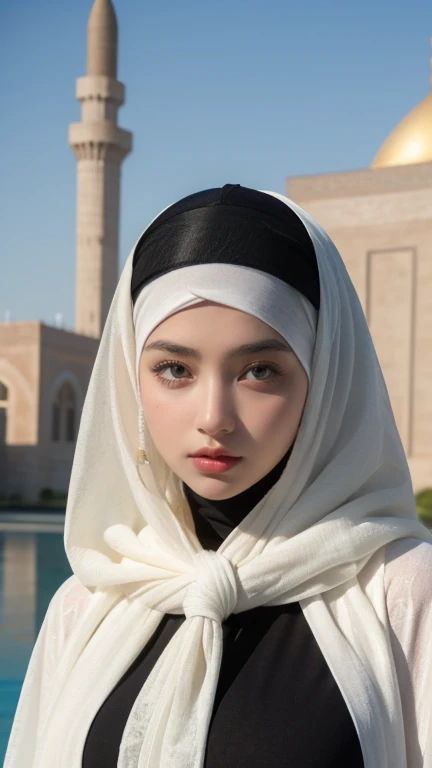(Masterpiece, top quality, best quality, official art, beautiful and aesthetic: 1.2)
(1girl)
(Hyuga Hinata from Naruto anime, long black hair, radiant white eyes, captivating with Byakugan eyes)
(Beautiful, ethnic allure in Black clothes)
(Majestically posing against a mosque background, wearing a hijab that covers her head and neck)
(Ultra detail, realistic representation of fabric texture, wrinkles, and intricate hijab design)
(Her mesmerizing eyes reflecting tranquility and strength, gaze fixed on the viewer)
Proportional body, perfect body figure, alluring, glamorous, sexy