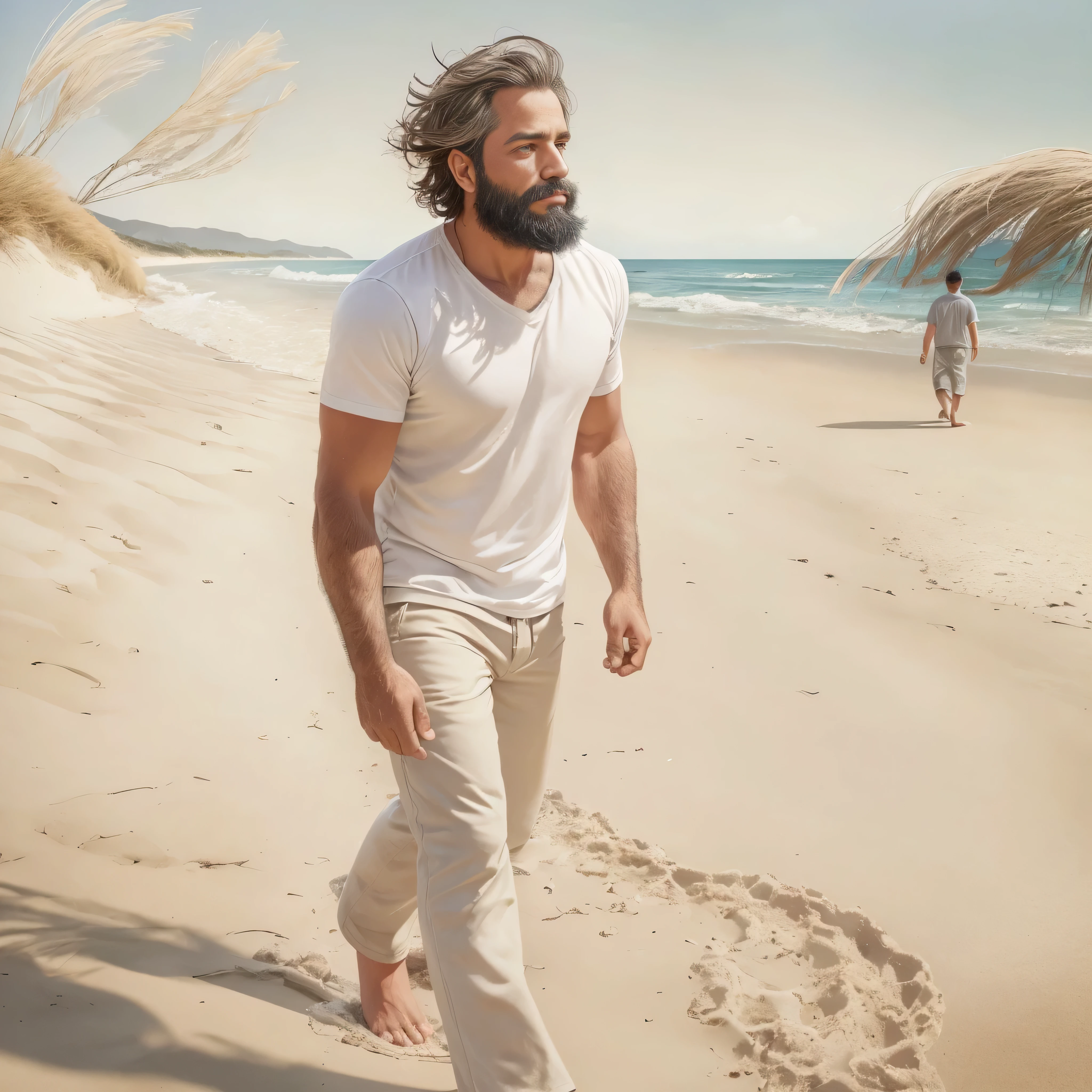 Create an image of a 38-year-old man with a beard, lying on the sand of a beach. The camera angle should be from the feet, focusing on the upper body in a medium shot. The scene should resemble a movie scene, with the man wearing white pants.
Details:
Physical Characteristics:
Age: 38 years old
Beard: Well-groomed
Skin Color: Light tan
Clothing:
Pants: White, casual
Environment:
Location: Sandy beach
Setting: A sunny day with clear blue skies, gentle waves in the background
Additional Elements: Slight breeze ruffling the man's hair, footprints in the sand, beachgoers in the distant background for added realism
The image should be of the highest quality with detailed, textured skin.