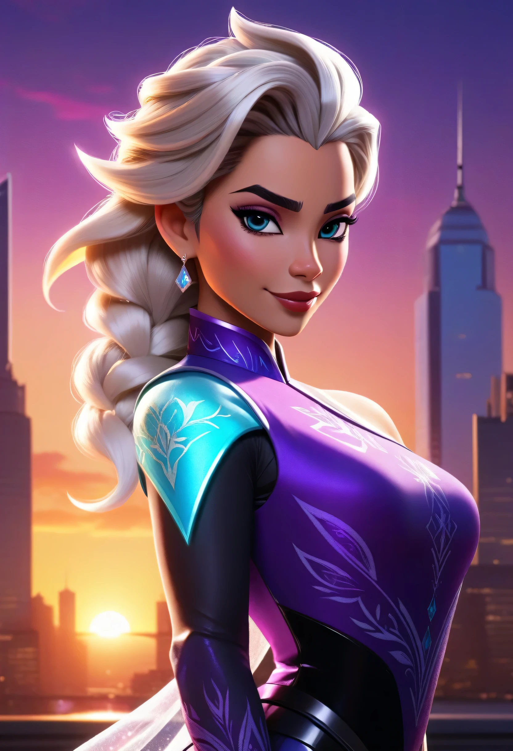 ((sombra and elsa fusion merged:1.3)), merged, sexy, half body, metropolitan background, sunset, sexy attire, (high quality), (masterpiece), negative_hand