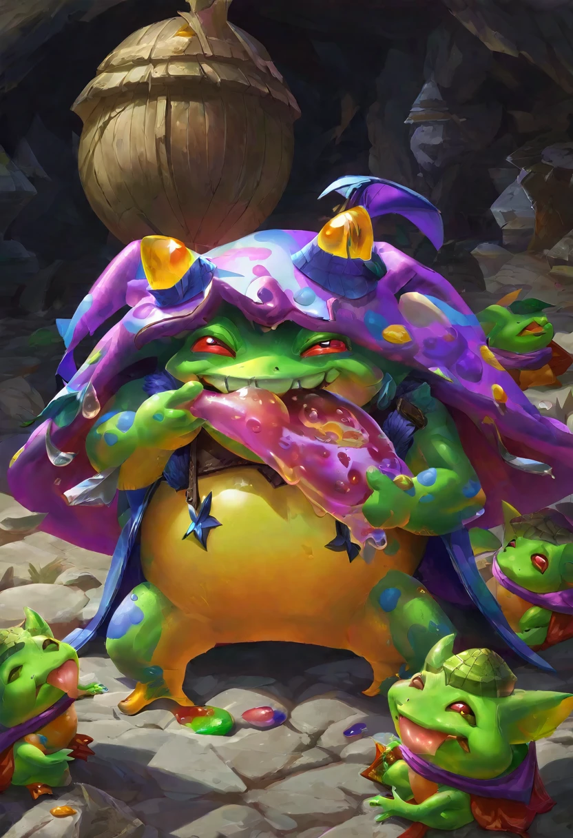 A big dazed colorful goblin sized toad, patiently allowing a bunch of goblins to lick slime off of it. several goblins are stoned (drunk) and passed out nearby, set in a cave