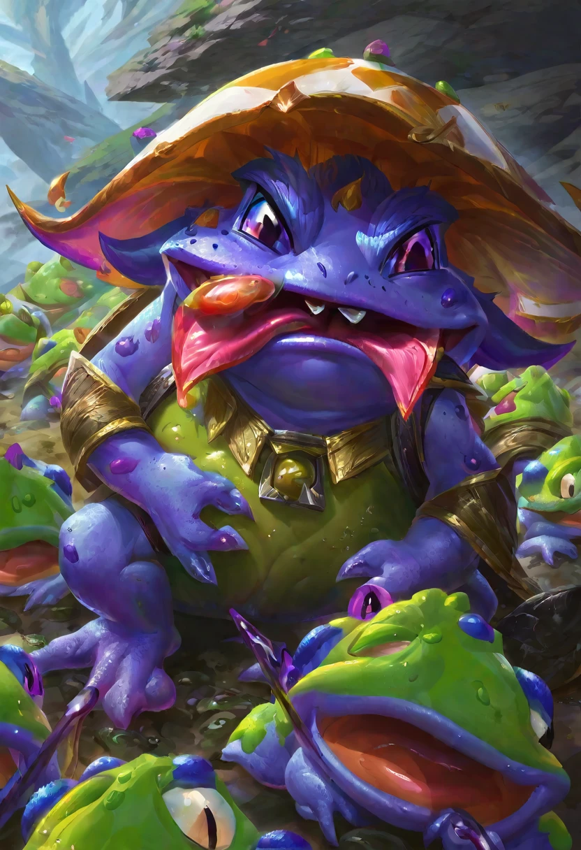 A big dazed colorful goblin sized toad, patiently allowing a bunch of goblins to lick slime off of it. several goblins are stoned (drunk) and passed out nearby, set in a cave