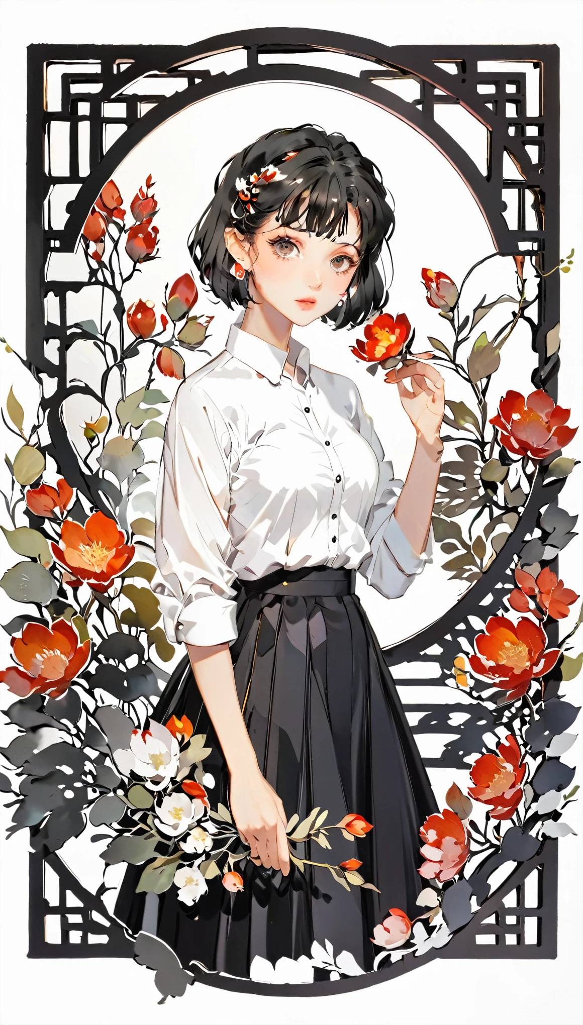 paper cutting style, 1 girl, black short hair, wearing white shirts and black skirt, Under