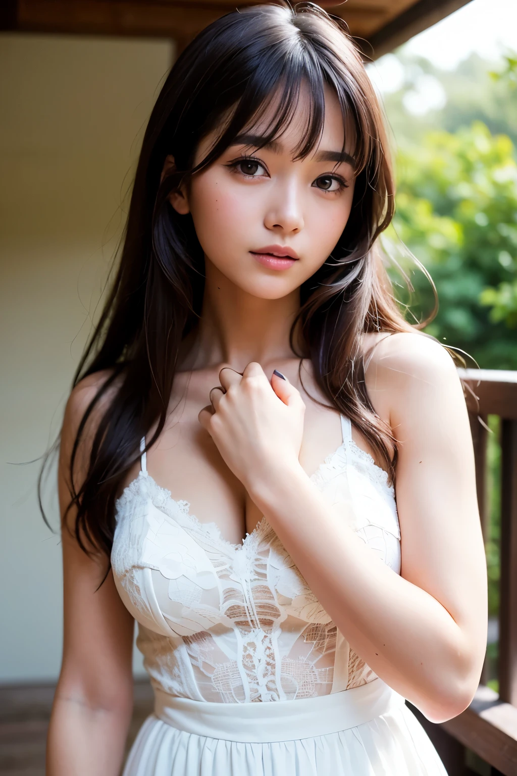 beautiful girl, Natural light, (Asahi), high quality, Best image quality, 8k, masterpiece, Dense and realistic skin, Detailed and realistic arms, (Correct finger), Beautiful Face, (Detailed eyes, Dark Eyes, Light on the cheeks, Fair skin), Realistic Hair, ((Beautiful girls)), ((のbeautiful girl, light makeup, Pure)), (Straight Hair, bangs), (delicate), (Fair skin, light makeup), (light makeup, Thin eyebrows, Thin eyebrows, ) , (Natural light,), White dress, (race, 繊細なrace), Fair skin, Pure , Natural pose, beautiful girl, Upper Body, 白いrace