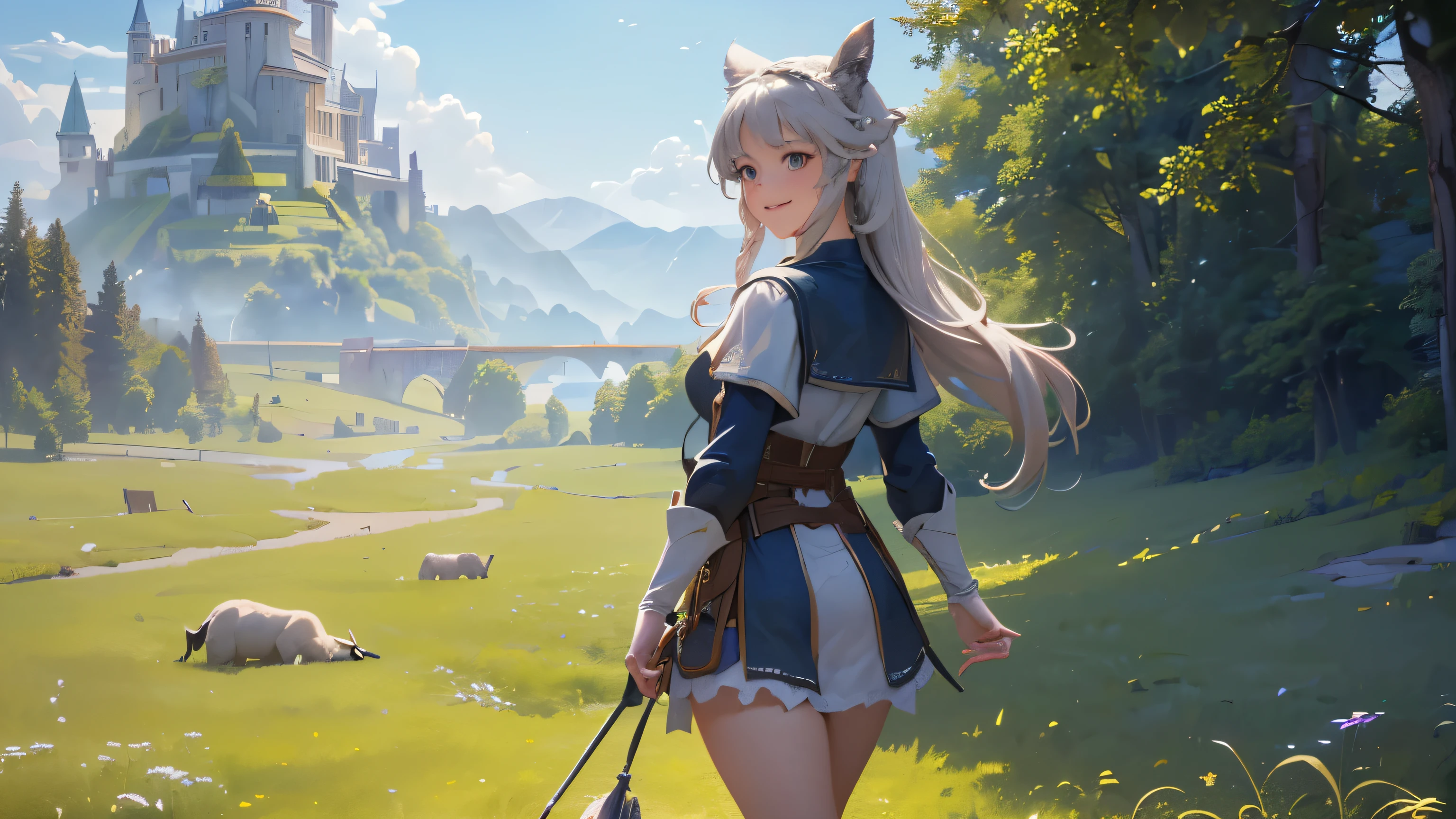 (((Top quality, 4k, 8k, high resolution, masterpiece: 1.2))), (super detailed), (realistic), (photorealistic), (photorealistic: 1.37), (HDR, UHD), (studio (lighting)), ultra-fine drawing, sharp focus, physically based rendering, highly detailed, professional, vibrant colors, medieval European clothing, adventurer's clothing, Vast grassland, majestic plain, wind, grass swaying in the wind, (((girl, girl smiles, ears on head unnecessary, girl's upper body, looks back))), (((several people, several walking adventurers) , everyone is from behind, the adventurer is far away, the adventurer's figure is very small))),