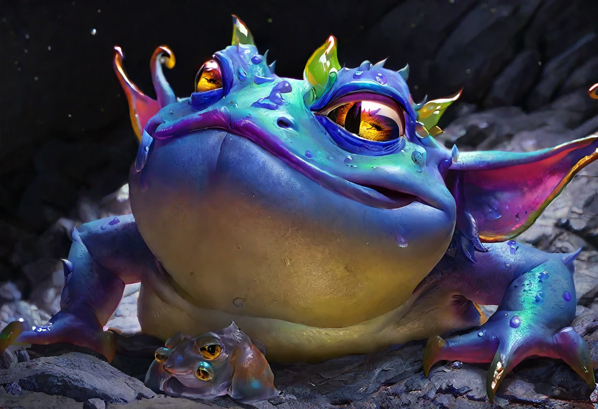a big dazed colorful goblin sized toad, extremely detailed, photorealistic, beautiful detailed eyes, beautiful detailed lips, extremely detailed face, longeyelashes, patiently allowing a bunch of goblins to lick slime off of it, several goblins are stoned (drunk) and passed out nearby, set in a dark fantasy cave, dramatic lighting, vibrant colors, surreal, concept art style