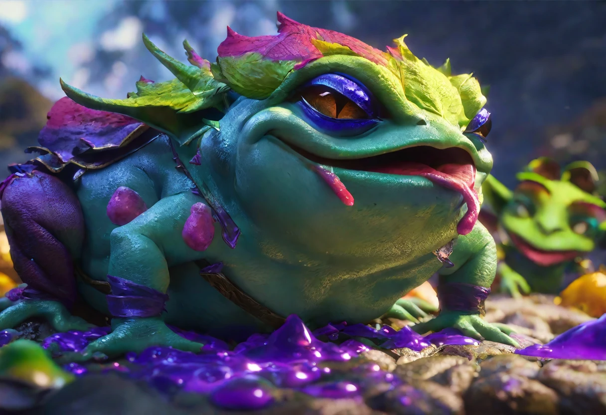 A big dazed colorful goblin sized toad, patiently allowing a bunch of goblins to lick slime off of it, several goblins are stoned (drunk) and passed out nearby, set in a cave, 4k, 8k, highres, masterpiece:1.2, ultra-detailed, realistic, photorealistic, photo-realistic:1.37, HDR, UHD, studio lighting, ultra-fine painting, sharp focus, physically-based rendering, extreme detail description, professional, vivid colors, bokeh, fantasy, surreal, magical realism, cinematic lighting
