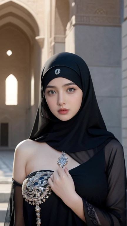 (Masterpiece, top quality, best quality, official art, beautiful and aesthetic: 1.2)
(1girl)
(Hyuga Hinata from Naruto anime, long black hair, radiant white eyes, captivating with Byakugan eyes)
(Beautiful, ethnic allure in Black clothes)
(Majestically posing against a mosque background, wearing a hijab that covers her head and neck)
(Ultra detail, realistic representation of fabric texture, wrinkles, and intricate hijab design)
(Her mesmerizing eyes reflecting tranquility and strength, gaze fixed on the viewer)
Proportional body, perfect body figure, alluring, glamorous, sexy, portrait, big breasts, shapely, curvy