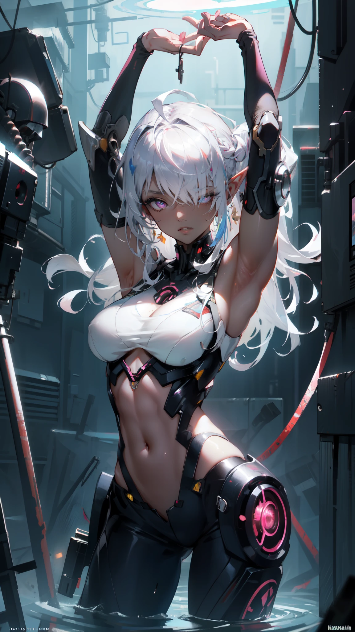 （lifelike， high - resolution：1.3）， 1 girl with a perfect body，slender body, Super fine face and eyes，assasin, dark makeup, shiny skin，white hair, (girl caught in a sex machine)，Expose cleavage, (sex machine, restrained, bound, bdsm, object insertion, smachine) (wet skin, shiny skin)